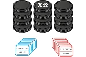 MUNDOTARROS 12 Tapas Metálicas Diámetro 77 de rosca + 12 Etiquetas para Botes herméticos de Cristal de 350 ml, 450 ml y 500 ml - Tapas de Metal de Repuesto para tarros de Vidrio (Tapas Negras)