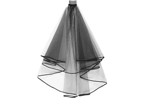 Andibro Velo corto in tulle nero, velo da sposa con pettine da donna semplice tulle corto velo da sposa bordo in raso per spose festa di nozze costume di Halloween, nero, Short wedding bridal veil