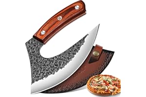 TIVOLI Professioneller Pizzamesser mit scharfer rostbeständiger Klinge aus Kohlenstoffstahl Pizza Axt aus hochwertigem Kohlenstoffstahl, Handgefertigte Pizzaschneider mit Lederscheide