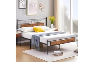 VECELO Cadre de Lit 140X190cm, Sommier Plateforme Simple avec Tête de Lit en Bois, Support à Lattes en Acier de Qualité Supérieure, Rangement Sous Le Lit, Assemblage Facile, Marron