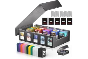 Trading Card Storage Box with Commander Display, 5-Row Deck Case with Removable Lid; 3900+ Cards Deck Box for MTG TCG Sports Card, 5 Toploaders, 5 Stoppers, 50 Dividers,1 Dice Tray (Black)