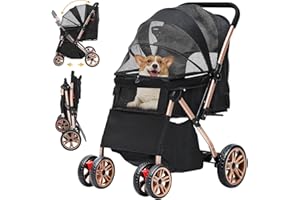 DWVO Pet Stroller for Small Medium Dogs 22kg With Storage Basket Cup Holder - Foldable Pram for Cats and Puppies (Black)