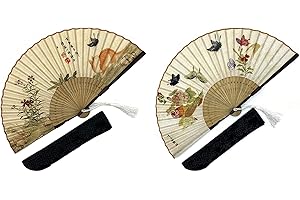 EASTERN WIND Lot de 2 pièces evantail Pliant en Coton Bambou imprimé de Chats et de Papillons, inclure 2 Pochettes en Soie， éventail Japonais Chinois 22 cm