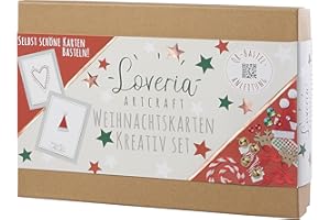 Loveria Weihnachtskarten zum Basteln | 16 Postkarten, 16 rote Umschläge | inkl Satinschleife, Sticker, Glöckchen, Klebedotties und weiterem Bastelzubehör, Kling Glöckchen