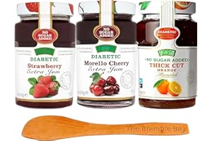 THE BRAMBLE BAY Diabetic Marmalade Food bundle includes No Added Sugar Strawberry Jam, Morello Cherry Jam, Thick Cut Orange 430g, Wooden spreader