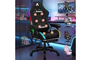 ALFORDSON LED Silla Gaming, Silla Gamer con Masaje de 8 Puntos, Silla de Ordenador Ergonómico con Iluminación RGB con Soporte Lumbar y Reposacabezas, Altura Ajustable, Tela, Negro