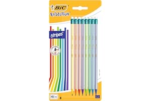 BIC Evolution Graphite Pencils - Pack of 8 - HB Pencils with Eraser - Colourful Stripe Design and Shock-Resistant Lead