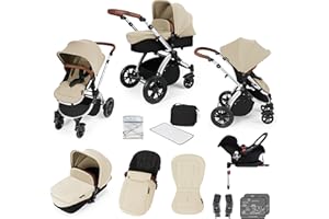 Ickle Bubba Stomp V3, Système de voyage tout-en-un incluant une nacelle, une poussette réversible et un siège auto Galaxy groupe 0+ avec base ISOFIX (Sable sur cadre argent)
