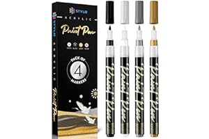STYLO Pennarelli Acrilici - confezione da 4 Pennarelli Indelebili Metallizzati Bianco, Nero, Oro e Argento - Pennarelli per Tessuti, Colori Pennarelli, Colori per Vetro Permanenti, Sassi da Dipingere