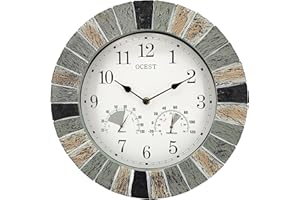 OCEST Robuste Gartenuhren für den Außenbereich, wasserdicht, 33 cm große Kunstharz-Wanduhr mit Thermometer und Hygrometer, batteriebetrieben,dekorative Uhren für Terrasse, Pool