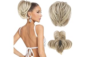 REECHO Hair Bun, Claw Clip Messy Bun Hair Piece Short Ponytail Extension with Bendable Metal Wire Fake Bun Hair Pieces for Women (Ash Brown with Blonde Tips)