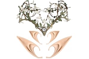 MOSTORY Elf Ears with Green Forest Antlers, Crown Set, Elf Forest Headbands, 2 Pairs Soft Elf Ears Set, Bronze Fairy Headbands for Adult Women, Renaissance, Christmas, Cosplay