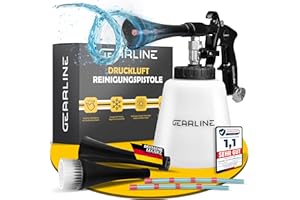 GEARLINE® Druckluft Reinigungspistole [mit Wirbelstrahl-Technik] - effektive Luftdruckpistole für Autoreinigung & mehr - All-in-One-Set mit Druckluftpistole, Wassertank & 2 Düsen-Aufsätzen