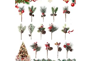 KAMEUN 14 Stück Künstliche Weihnachtsbeeren und Tannenzweige 20CM Groß Deko Zweige mit Roten Beeren Tannenzapfen Stechpalmenstiele| DIY Basteln Winterferien Blumenstiele für Weihnachtskränze