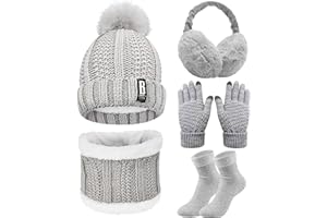 Yutdeng 5 Pcs Women Winter Knitted Pom Pom Hat and Plush Scarf Set Winter Gloves Soft Socks and Adjustable Earmuffs Warming 5-in-1 Outdoor Set