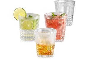 TKNO 4X 309ml Embossed Tumbler Glasses Water Glasses Gin Whiskey Milk Juice Cocktail Drinking Glassware, Vintage Bubble Beverage Tumblers Set, Ideal for Home, Restaurant, Events & Parties