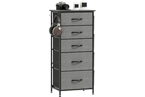 HOMCOM Chest of Drawers, Dresser for Bedroom with 5 Fabric Drawers, Tall Storage Unit with 4 Pockets, 2 Hooks and Steel Frame for Living Room, Hallway, Charcoal Grey