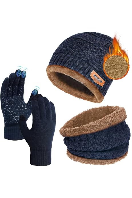Herren Winter Set - Beanie Mit Ohrenklappen, Touchscreen Handschuhe & Nackenwärmer