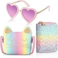 Excefore Princess Fashion Set, 3 Pcs Toddler Cute Cat Purse Heart Shaped Sunglasses with UV 400 Protection Crossbody Bag Glitter Small Wallet, Princess Accessories for Girls (Pink)