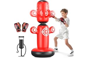 ‎QPAU QPAU 360° Drehbarer Boxsack Kinder ab 6-14 Jahre, Stehend 64 Zoll Boxen Kinder mit Handschuhen, Handpumpe & 6 Zielen, Punchingball Aufblasbares Boxspielzeug, Karate Geschenke