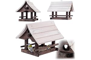 KADAX Hanging Bird House, Wooden Bird Feeder House, Weatherproof Feeding House for Birds in the Garden and Balcony, Bird Feeder (Dark Brown/White)