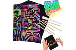 ‎TRITART Tritart Kratzbilder Set für Kinder und Erwachsene I 45 Blatt I Regenbogen Kratzpapier zum Zeichnen und Basteln I mit Schablonenlinealen, Holzstiften, Stickern und Pinsel I A4 29,7 cm x 21cm