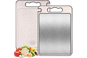 Tatxmalv Planche à Découper, Planche à Découper Double Face 304 Acier Inoxydable + Paille de Blé, Antibactérien Planche Cuisine avec Poignées, Conception de Réseau Résistant aux Rayures (Classique)