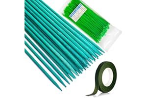 KKSTY Pack of 30 Green Bamboo Sticks with 100pcs Green Ties and Floral Paper Tape, Plant Support Sticks for Fruit Vegetables Flowers (30cm/11.81inch)