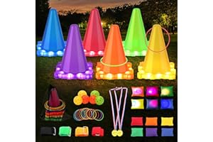LPHIANX 42PCS Karnevalsspiele für Kinder mit LED-Licht, Hindernisparcours-Spielset - Ringwurfspiel, Bohnensäcke, Kegel - Outdoor-Spielzeug für Kleinkinder, Kinderspiel für drinnen, Kinderparty Cornhole Set