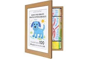 Americanflat Roble Oscuro Marco Dibujos Infantiles A4 - Cuadro de Almacenamiento para Niños para 100 Unidades, Proyectos de Arte, Puzzles, Fotos y Decoración - Madera Compuesta con Vidrio Resistente