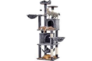 Yaheetech Arbre à Chat Géant Hauteur 175 cm avec 2 Plate-Formes Perchés 2 Paniers 2 Condos en Peluche Cordes en Sisal Gris Foncé