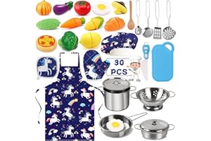 Tonsooze 30 Pezzi Giocattoli da Cucina per Bambini, Set di Pentole e Padelle in Acciaio Inossidabile, Utensili da Cucina, Grembiule e Cappello da Cuoco
