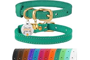 BRONZEDOG Collar de cuero para gato con campanas, etiqueta QR para gatito no separable para niña y niño (verde y dorado, 18-23 cm