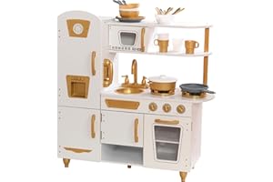 KidKraft Cuisine Enfant en Bois Vintage Blanc/Doré, Dinette incluant Accessoires, Ustensiles, Téléphone et Frigo Retro, Jeu d'imitation, Jouet Enfant dès 3 Ans, 53445 [Exclusif Amazon]