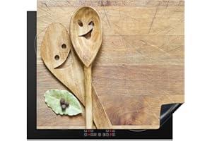 KitchenYeah© Cubre Vitrocerámica - Protector Vitroceramica Induccion 59x52 cm - Tapa Vitroceramica - Protector de Vitroceramica Madera - Cucharas - Marrón - Smiley