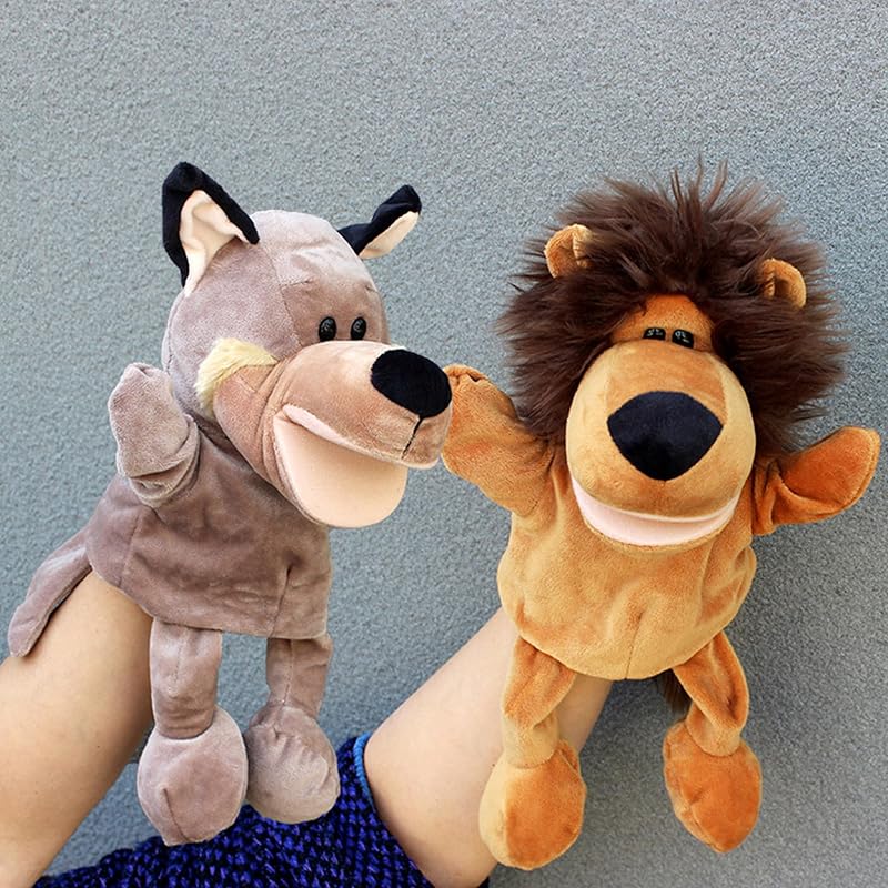 XSQD 2 Piezas Marionetas De Mano León y Lobo Gris, Marionetas Contar Cuentos para Adultos Pueden Mover para Abrir Boca, Títeres Actuación Lenguaje Abdominal, Adecuado para Espectáculos Trama Escénica