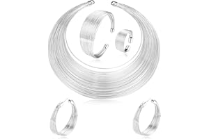 JeweBella 5Pezzi Collana Bib Dichiarazione Nazionale Africana Bracciale Donna Regolabile Polsini Bavaglino Aperto Parure Gioielli Moda Orecchini Cerchio Donna Anelli Oro/Argento Collane Gioielli