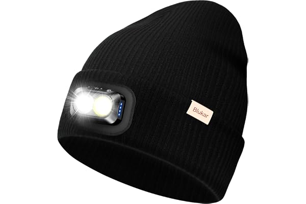 Blukar LED Super Lumineux Bonnet Chapeau, 2 en 1 Chapeau Tricoté de Course Lampe Frontale Rechargeable, 5 Modes, Angle Adjustable, Confortable Hiver Chaud Cadeaux pour Hommes et Femmes-Bandeau Inclus