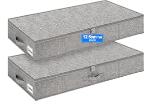 Huquter Low Under Bed Storage Box with Lid, 2 Pack 12 CM Tall Low Underbed Storage Boxes with Sturdy Side & Bottom Support, Fabric Thin Shallow Under Bed Sofa Storage Organiser Bags for Clothes Duvets