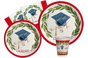 CIAO Kit Party Tavola Laurea per 24 persone (112 pezzi: 24 piatti Ø23cm, 24 piatti Ø18cm, 24 bicchieri 200ml, 40 tovaglioli 33x33cm) in carta compostabile eco-friendly
