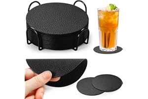 Cokaca 12er Set Untersetzer Gläser, Doppelseitigen Glasuntersetzer Getränkeuntersetzer rutschfest mit Halter Untersetzer Leder Kunstlede, Tischuntersetzer Lederoptik Schwarz