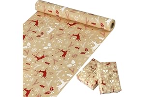 Pecehom Christmas Wrapping Paper Roll,44cm x 15M Kraft Recyclable Package Paper Printed with White Elk Christmas Tree Snowflakes For Birthday Xmas Party Present Decorations (Elk)