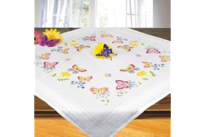 KAMACA Stickpackung Tischdecke Kreuzstich Tiere vorgedruckte Stickdecke inkl. Stickgarn Stickvorlage und Anleitung Stickset zum Selbersticken für Erwachsene (Schmetterlings - Garten MD 80x80 cm)
