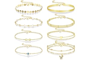 LOLIAS 9 Stücke Fußkettchen für Damen Teenager Gold Silber Mehrschichtiger Schmetterling Böser Blick Herz CZ Strand Verstellbares Zierliches Fußkettchen Set