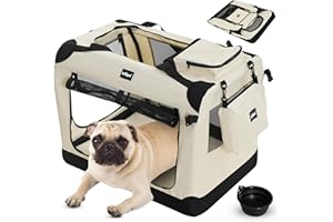 Leopet® Sac de Transport pour Chiens - Gamelle et Sac de Rangement, Pliable, Respirant, Tapis Amovible - Bagage, Panier de Transport pour Animaux de Compagnie (Beige, S: 50x35x35 cm - LxLxH)