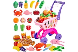 BUYGER Carrello della Spesa Giocattolo Bambini, Accessori Cucina Bambini, Taglio Frutta e Verdura Cibo Giocattoli, Giochi di Ruolo per Bambina Bambini 3 Anni, Luci e Suoni