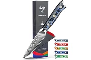 SANMUZUO Coltelli per Frutta e Verdura Damasco - Coltello da Cucina 9 cm, Coltelli per Sbucciare di Acciaio Damasco da 67 Strati- Impugnatura Resina - Xuan Series(Nero Stellato)