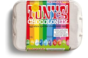 Tony's Chocolonely Asortyment jajek wielkanocnych - 12 jajek wielkanocnych w folii, belgijska czekolada Fairtrade, prezenty wielkanocne, pudełko czekoladowe, mini jajka, rodzinna czekolada