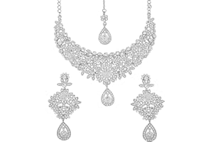 Touchstone Indian Bollywood Enchanting Floral Diamond Studded Look White Rhinestone Embellished Bridal Designer Jewelry Necklace Set for Women