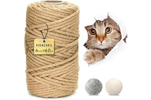 ETIEVORT Corde en sisal pour arbre à Chat, Corda Naturale Tiragraffi Sisal Corda 60M x 6MM, Corda Tiragraffi per Gatti, 6mm Corda Juta Naturale, Corda Sisal per Tiragraffi per Gatti, Corda di Canapa